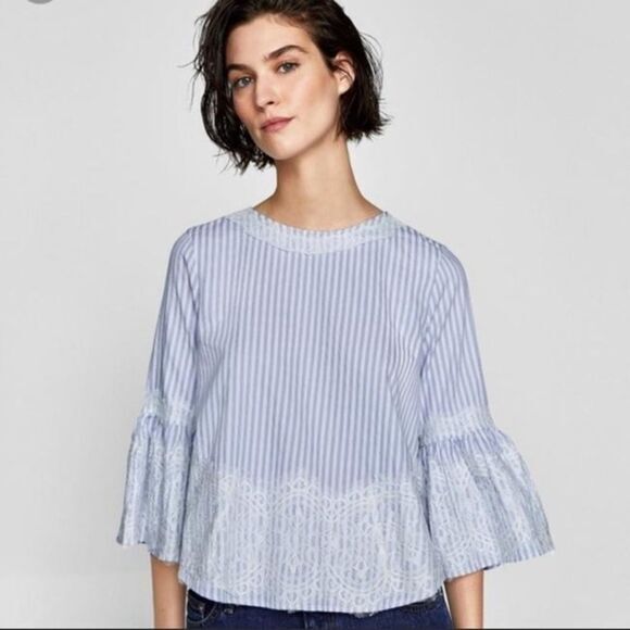 Zara Woman Boho lace & stripe‎ bell sleeve blouse top - Picture 1 of 8